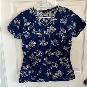 Cherokee Navy Floral V-Neck Short Sleeve Scrub Top with White Print
